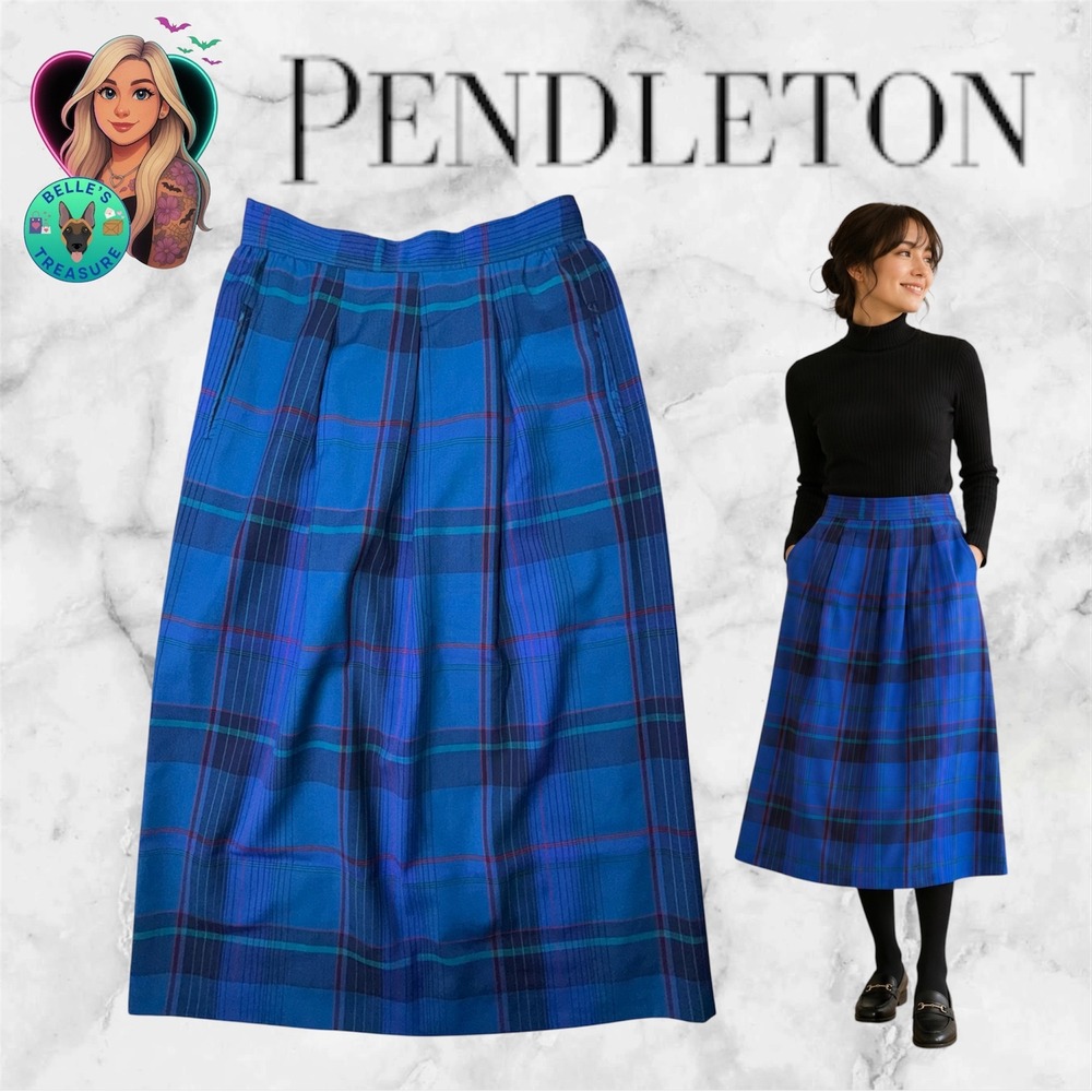Pendleton Vintage Bright Royal Blue Tartan‎ Plaid Wool Midi Skirt USA Women's 8